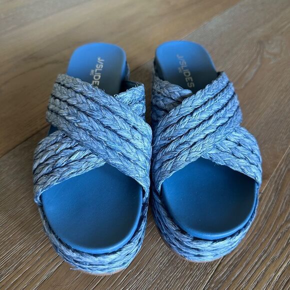 J/Slides Quiver Crossover Espadrille Platform Slide Sandals in Denim Raffia - Picture 3 of 10